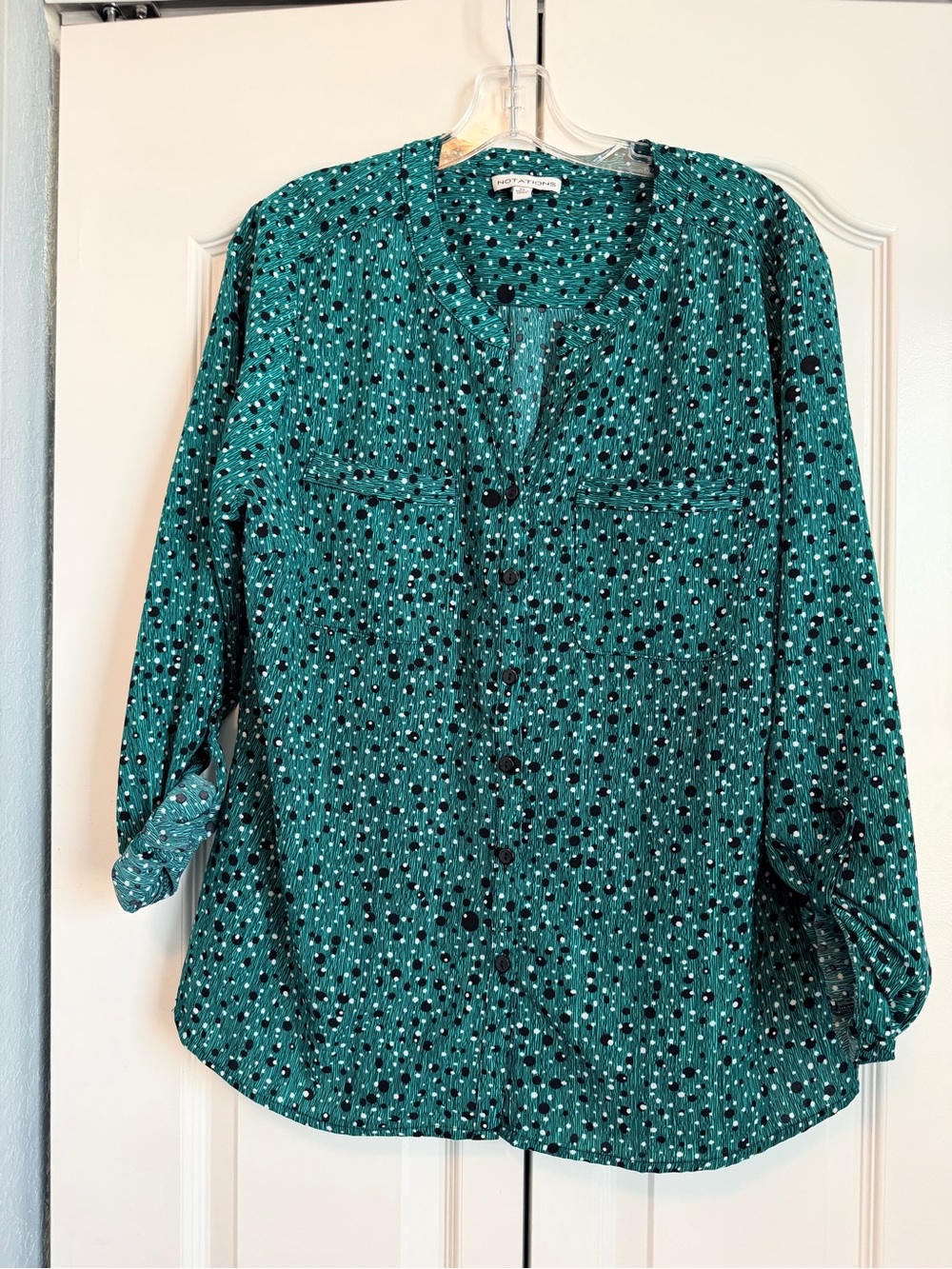 Notations Teal and Black Dot Button-Front Blouse